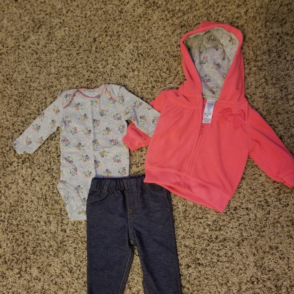 Baby girl long sleeve onesie, pant, and hoodie set